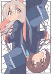  2girls absurdres ahoge bag bambi2000line black_jacket black_skirt blue_hair blush_stickers brown_eyes brown_hair column_lineup commentary hair_between_eyes highres holding_strap hozuki_momiji jacket light_blush long_hair long_sleeves looking_at_viewer multicolored_hair multiple_girls onii-chan_wa_oshimai! oyama_mahiro pink_hair ponytail school_bag school_uniform short_hair short_ponytail skirt two-tone_hair 