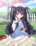  1girl absurdres bench black_hair blue_archive blue_dress blue_sky brown_shoes cake cherry_tree cloud commentary cup day dress fence flower food fuuka_(blue_archive) fuuka_(casual)_(blue_archive) goat_horns grass halo hat highres holding holding_knife holding_plate horns jewelry knife long_hair looking_at_viewer necklace no_shoes official_alternate_costume on_ground outdoors picnic picnic_basket picnic_blanket plant plate red_eyes red_halo shirt shoes sky smile socks solo thsakana watch white_hat white_shirt white_socks wristwatch 