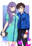  1boy 1girl alternate_hairstyle black_pants blue_necktie blue_shirt breasts dress green_dress green_eyes gundam gundam_zz hand_on_another's_shoulder highres judau_ashta junjonta looking_at_viewer necktie pants purple_hair red_eyes red_nails roux_louka shirt smile watermark 
