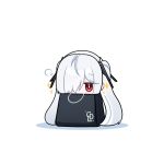  1girl bag black_bag chibi cinderella_(nikke) commentary deformed diamond_(shape) goddess_of_victory:_nikke hair_ornament highres in_bag in_container jitome long_hair looking_at_viewer momori_sensei red_eyes shopping_bag simple_background solo sparkle strap twintails very_long_hair white_background white_hair 