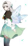  13_(jjusan13) 1girl absurdres aqua_eyes aqua_thighhighs blue_ribbon brown_hairband brown_jacket collared_dress cropped_jacket dress firefly_(honkai:_star_rail) gradient_hair green_pupils grey_hair hair_between_eyes hair_intakes hair_ornament hair_ribbon hairband highres honkai:_star_rail honkai_(series) insect_wings jacket long_hair multicolored_eyes multicolored_hair neckerchief orange_neckerchief ribbon ribbon-trimmed_dress ribbon_trim simple_background solo thighhighs white_background wings 