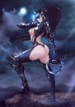  1girl armor ass black_hair boots breasts commentary_request fishnets floating_hair full_body hair_over_one_eye high_heel_boots high_heels highres holding holding_weapon horns long_hair looking_at_viewer medium_breasts moon night original ponytail solo thigh_boots very_long_hair weapon yamada_satoshi 