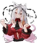  1girl :/ absurdres animal_ears arknights ascot bare_shoulders black_ascot blush_stickers breasts bright_pupils cat_ears clothing_cutout cropped_torso detached_sleeves dot_nose dress fish_skeleton frilled_sleeves frills hair_between_eyes hair_intakes hands_up highres kemonomimi_mode long_hair looking_at_viewer medium_breasts navel navel_cutout no_gloves no_headwear official_alternate_costume paw_pose red_dress red_eyes simple_background skadi_(arknights) skadi_the_corrupting_heart_(arknights) solo stomach_cutout taiiiyakiii translation_request upper_body white_background white_hair white_pupils 
