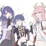  1boy 2girls anger_vein animal_ears annoyed armor arms_up artist_name black_bodysuit black_hair black_kimono black_sleeves black_thighhighs blunt_bangs blunt_ends bodysuit bridal_gauntlets clenched_hands closed_eyes crossed_bangs detached_sleeves eyelashes eyeliner eyeshadow fan_hair_ornament flailing flower fox_ears furisode genshin_impact gold gold_trim grey_bridal_gauntlets grey_leggings grey_shrug grey_sleeves hair_flower hair_ornament hands_on_another&#039;s_shoulders highres holding holding_photo japanese_armor japanese_clothes jewelry juban kimono kote kurokote layered_sleeves leggings long_hair looking_at_another low-braided_long_hair low-tied_long_hair makeup mandarin_collar mitsudomoe_(shape) mole mole_under_eye mother_and_son multiple_girls neck_ring nontraditional_miko obi off_shoulder open_mouth partially_shaded_face photo_(object) pink_hair purple_flower purple_kimono purple_nails purple_rope purple_sleeves raiden_shogun red_eyeliner red_eyeshadow red_kimono red_sash red_skirt rope sash scaramouche_(genshin_impact) sgm618 shimenawa shrug_(clothing) sitting sketch skirt sweat sweatdrop swept_bangs tassel teeth thighhighs tomoe_(symbol) tsurime upper_teeth_only white_background white_kimono white_rope white_sleeves wispy_bangs yae_miko 