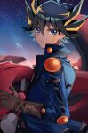  1boy artist_name birthday black_hair blonde_hair blue_eyes blue_jacket brown_gloves closed_mouth commentary dated facial_mark from_side fudo_yusei gloves hair_between_eyes helmet highres holding holding_helmet jacket kuroda_(kuro_yyy) looking_at_viewer male_focus motor_vehicle motorcycle motorcycle_helmet signature sky solo spiked_hair standing star_(sky) starry_sky sunset turning_head unworn_headwear unworn_helmet yu-gi-oh! yu-gi-oh!_5d&#039;s 