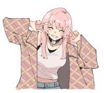  1girl absurdres bang_dream! bang_dream!_it&#039;s_mygo!!!!! black_choker breasts brown_jacket chihaya_anon choker clenched_teeth closed_eyes commentary double_v english_commentary highres jacket long_hair masruu medium_breasts open_mouth pink_hair plaid_clothes plaid_jacket simple_background solo tank_top teeth v white_background white_tank_top 