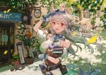  1girl :d bag bare_shoulders black_ribbon blue_gloves book detached_sleeves gloves grey_hair hair_ribbon hand_up looking_at_viewer open_mouth original outdoors paper_bag red_eyes ribbed_sweater ribbon sleeveless sleeveless_sweater smile solo sweater teeth upper_teeth_only white_sweater yutsumoe 