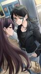  2girls absurdres aqua_eyes bang_dream! bang_dream!_it&#039;s_mygo!!!!! belt black_hair black_jacket black_shirt brown_coat brown_hair coat collarbone commentary earclip earrings grey_pants hair_behind_ear hairband hand_in_pocket highres jacket jewelry joker_(jjjokerrr233) long_hair looking_at_viewer looking_back medium_hair multiple_girls necklace outdoors pants pillar purple_eyes shiina_taki shirt storefront yahata_umiri 