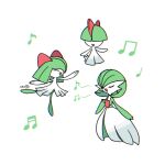  bob_cut bowl_cut closed_eyes colored_skin dress evolutionary_line gardevoir green_hair green_skin hair_over_eyes hair_over_one_eye highres horns kirlia kumo_o_o multicolored_skin musical_note pokemon pokemon_(creature) ralts sidelocks signature smile two-tone_skin white_dress white_skin 