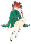  animal_ears belt braid cat_ears dress extra_ears fangs full_body green_dress hair_ornament hair_ribbon head_tilt itak69 kaenbyou_rin leg_ribbon long_hair long_sleeves looking_at_viewer open_mouth red_eyes red_hair ribbon shoes simple_background sitting solo touhou twin_braids white_background wide_sleeves 