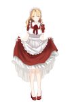  1girl absurdres apron blonde_hair bow dress dxt frills hair_ornament highres holding long_hair maid maid_headdress puffy_short_sleeves puffy_sleeves red_dress ribbon short_sleeves skirt_hold smile solo touhou touhou_(pc-98) yellow_eyes yumeko_(touhou) 