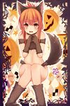  animal_ears bare_shoulders blush boots brown_eyes brown_hair commentary fake_animal_ears folded_ponytail fox_ears fox_tail fur_boots fur_gloves gloves halloween highres inazuma_(kantai_collection) kantai_collection long_hair open_mouth outline paw_boots paw_gloves paws qunqing sitting solo tail 