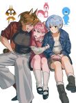  0820_lakia 3girls animal_ears arm_hug black_shirt blue_hair blue_jacket brown_hair brown_jacket character_request clenched_teeth commentary_request copyright_request hand_on_own_hip highres jacket korean_commentary looking_at_another multiple_girls otter_ears otter_girl pink_eyes pink_hair pink_sweater raccoon_ears raccoon_girl raccoon_tail reference_inset seashell shell shirt short_hair shorts simple_background sitting squirrel_ears squirrel_girl sweater tail teeth toned toned_female white_background yellow_eyes 