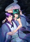  1boy 1girl ass barefoot blue_eyes breasts cave chinese_clothes closed_mouth collarbone double_bun dress eyebrows_hidden_by_hair feet flower green_flower green_hair hair_bun hair_flower hair_ornament half_updo highres jinshi_(kusuriya_no_hitorigoto) kusuriya_no_hitorigoto long_hair looking_at_viewer lying maomao_(kusuriya_no_hitorigoto) meisaki on_back on_side pink_dress purple_eyes purple_hair rock short_dress single_hair_bun small_breasts smile thighs 