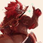  1boy artist_name bara bow_(weapon) centaur claws clenched_teeth english_commentary facing_viewer from_behind furry furry_male highres horns looking_back lynel male_focus mane muscular muscular_male sharp_teeth taur teeth the_legend_of_zelda the_legend_of_zelda:_breath_of_the_wild thumbs_up waddledox_(waddy) weapon weapon_on_back 