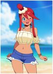  1girl ;d absurdres bare_shoulders beach blue_eyes blue_shorts blurry blurry_background border collarbone cowboy_shot crop_top english_commentary highres looking_at_viewer mcarthur1010 navel official_alternate_costume one_eye_closed open_mouth pokemon pokemon_masters_ex red_hair short_hair_with_long_locks short_shorts shorts sidelocks skyla_(pokemon) skyla_(summer_2025)_(pokemon) smile solo white_border 