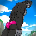 1:1 2024 anthro ape biped black_body black_fur black_nipples briefs briefs_only butt clothed clothing cloud day digital_drawing_(artwork) digital_media_(artwork) fabfelipe fur gorilla grey_body haplorhine hi_res male mammal muscular muscular_anthro muscular_male nipples outside pecs pink_briefs pink_clothing pink_underwear pinup pose primate sky solo teeth tongue tongue_out topless topless_anthro topless_male underwear underwear_only