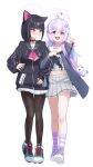  2girls absurdres ahoge animal_ears ascot black_choker black_hair black_jacket black_neckerchief black_pantyhose blue_archive blue_hair blue_jacket blue_shoes blunt_bangs blush cat_ears cat_tail choker closed_mouth colored_inner_animal_ears colored_inner_hair fukujin green_sailor_collar highres jacket kazusa_(blue_archive) long_hair low_twintails multicolored_hair multiple_girls neckerchief open_mouth pantyhose pink_ascot pink_hair pleated_skirt purple_shoes purple_socks reisa_(blue_archive) sailor_collar shoes short_hair skirt sneakers socks striped_clothes striped_socks sweat tail twintails two-tone_hair white_sailor_collar white_skirt 