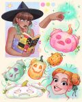  2girls artist_name bare_shoulders black_hat book brown_hair dark-skinned_female dark_skin disembodied_hand double_bun for_dummies gradient_hair green_hair grey_eyes hair_bun hat highres holding holding_book jack-o&#039;-lantern luztapiaart multicolored_hair multiple_girls open_book open_mouth orange_hair original peyton_(luztapiaart) pointing purple_nails reading roya_(luztapiaart) teeth two-tone_hair watermark witch_hat 