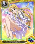  asia_argento bishop_(chess) blonde_hair breasts card_(medium) character_name chess_piece detached_sleeves dress green_eyes high_school_dxd long_hair looking_at_viewer medium_breasts official_art open_mouth panties solo staff trading_card underwear white_dress 