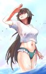  1girl absurdres alternate_costume bikini bikini_top_under_shirt blue_sky breasts commentary english_commentary green_bikini grey_hair highres honkai_(series) honkai_impact_3rd large_breasts long_hair navel outdoors purple_eyes shirt sky solo swimsuit thatwasjack tongue tongue_out very_long_hair vita_(honkai_impact) wading wet white_shirt 