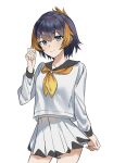  1girl black_hair black_sailor_collar blonde_hair blue_eyes cowboy_shot folded_ponytail hand_up highres hitsuji_(sheep_tamura) looking_at_viewer miniskirt multicolored_hair neckerchief nijisanji nijisanji_en orange_neckerchief petra_gurin petra_gurin_(1st_costume) playing_with_own_hair sailor_collar school_uniform serafuku short_hair simple_background skirt smile solo streaked_hair virtual_youtuber white_background white_serafuku white_skirt 