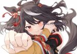  1girl absurdres ahoge animal_ears arms_across_body bare_shoulders black_hair black_sleeves black_tail blurry blurry_background blush chanchanko_(clothes) closed_mouth commentary curled_fingers depth_of_field detached_sleeves dress ear_ornament ear_ribbon fingernails highres horse_ears horse_girl horse_tail kitasan_black_(umamusume) kouhaku_nawa layered_sleeves long_sleeves looking_at_viewer outstretched_arm red_eyes rope shimenawa short_hair simple_background single_hair_streak smile solo tail twitter_username umamusume upper_body white_background white_streaks wide_sleeves yamano_rokamizu yellow_dress yellow_sleeves 