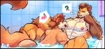  ! 2boys ? abs animal_ears artist_logo ass bara bathtub brothers choi_yuhee_(xxl) choi_yuhyun_(xxl) completely_nude english_commentary furry furry_male head_on_hand heart highres logo looking_at_another male_focus multiple_boys muscular muscular_male nude open_mouth pectorals ponytail renniefabric siblings speech_bubble spoken_exclamation_mark spoken_heart spoken_question_mark tail weasel_boy weasel_ears weasel_tail wet whiskers xxl_woofia 
