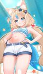  1girl absurdres ahoge aki_hoshino animal_ear_fluff animal_ears bikini blonde_hair blue_bikini blue_bow blue_eyes blue_hair blue_scrunchie bow breasts cat_ears closed_mouth fins fish_girl fish_tail hair_bow hands_on_own_hips highleg highleg_bikini highres indie_virtual_youtuber looking_at_viewer multicolored_hair one_side_up sameko_saba scrunchie short_shorts shorts small_breasts smile solo starfish streaked_hair striped_bikini striped_clothes swimsuit tail two-tone_hair virtual_youtuber white_shorts 