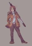  1boy ao_no_kiseki blue_eyes curtained_hair eiyuu_densetsu findergirls floating_hair full_body grey_background hand_on_own_hip highres holding holding_polearm holding_weapon jacket long_hair looking_at_viewer male_focus open_clothes open_jacket pants polearm ponytail randolph_orlando red_hair simple_background smile solo weapon zero_no_kiseki 