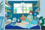  1girl ^_^ barefoot bed blanket blue_nails blue_sky blush book bowl brown_hair candle cat ceiling_light closed_eyes closed_mouth clothes_writing cloud cloudy_sky commentary_request day eating electric_fan fern fish fish_food fish_tank food green_shirt grey_shorts hair_bun hanging_light happy holding holding_bowl holding_spoon ice ice_cube indoors matsumine_(twin-mix) model_ship nail_polish note on_bed open_book original painting_(object) phonograph photo_(object) plant potted_plant reclining seashell shaved_ice shelf shell shirt short_sleeves shorts single_hair_bun sky slice_of_life smile solo spoon stuffed_animal stuffed_dolphin stuffed_starfish stuffed_toy stuffed_whale swept_bangs t-shirt tablet_pc tape toenail_polish toenails vines water white_cat wide_shot window 