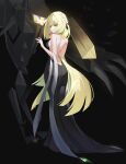  1girl alternate_costume black_background black_nails blonde_hair braid breasts closed_mouth coletta_(colet_colettia) commentary_request dress eyelashes green_eyes hands_up highres long_hair lusamine_(pokemon) nail_polish necrozma necrozma_(normal) pokemon pokemon_(creature) pokemon_sm sideboob sleeveless sleeveless_dress smile standing 