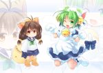  2girls ahoge animal_hat antenna_hair apron blue_dress brown_eyes brown_hair cat_hat dejiko di_gi_charat dress fang gema green_eyes green_hair green_neckerchief hat highres kneeling kso mittens multiple_girls neckerchief one_eye_closed paw_pose puchiko shirt white_apron white_mittens white_shirt zoom_layer 