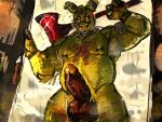 absurd_res animatronic anthro armpit_hair axe black_sclera bodily_fluids body_hair chest_scar cum doorframe erection eye_scar facial_scar five_nights_at_freddy&#039;s five_nights_at_freddy&#039;s_3 genital_fluids genitals green_body hand_behind_head hand_on_doorframe hi_res holding_object holding_weapon humanoid kikiamnikiely lagomorph leaking_cum leporid looking_at_viewer machine male mammal musk musk_clouds nipples penis pubes pupils rabbit robot scar scottgames slightly_chubby smile solo springtrap_(fnaf) weapon white_pupils wire