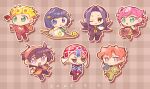  6+boys animal argyle_clothes argyle_hat argyle_sweater black_coat black_eyes black_hair black_necktie black_pants blonde_hair blue_sweater bruno_bucciarati bug chibi chibi_only clothing_cutout coat coco_jumbo commentary_request dated giorno_giovanna green_eyes green_jacket green_pants guido_mista gun hair_between_eyes hat headband highres holding holding_animal holding_gun holding_teapot holding_turtle holding_weapon jacket jojo_no_kimyou_na_bouken ladybug leone_abbacchio long_hair long_skirt male_focus multiple_boys narancia_ghirga necktie one_eye_closed orange_hair orange_headband orange_skirt pannacotta_fugo pants pink_hair pink_jacket pink_pants pink_skirt purple_eyes red_hat red_pants rizometa28 short_hair skirt sweater teapot trish_una vento_aureo weapon white_jacket zipper_pull_tab 