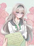  1girl 1other absurdres blush bow bowtie closed_mouth firefly_(honkai:_star_rail) firefly_(spring_missive)_(honkai:_star_rail) floral_background gradient_eyes green_bow green_bowtie green_pupils grey_hair grey_hairband grey_sailor_collar hair_between_eyes hair_intakes hair_tubes hairband highres honkai:_star_rail honkai_(series) long_sleeves love_letter multicolored_eyes nyanyako_art plaid_bow plaid_bowtie plaid_clothes sailor_collar smile sparkle white_sleeves 