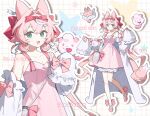  1girl ame_ame animal_ears aqua_eyes breasts cleavage coat collarbone commission creature english_text full_body hair_ribbon highres long_hair looking_at_viewer open_mouth original parted_lips pink_hair pink_ribbon pink_shoes pink_tail ribbon shoes sleeves_past_fingers sleeves_past_wrists small_breasts smile solo standing standing_on_one_leg upper_body watermark white_coat 