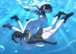  2girls black_boots black_gloves black_hair black_hoodie blonde_hair boots chicha_(chi_cha_rigbo) elbow_gloves emperor_penguin_(kemono_friends) from_below gloves hair_over_one_eye headphones high_collar highres hood hood_down hoodie kemono_friends king_penguin_(kemono_friends) long_sleeves looking_at_viewer mittens multicolored_hair multiple_girls one-piece_swimsuit open_clothes open_hoodie orange_eyes orange_hair penguin_girl penguin_tail short_hair short_sleeves swimming swimsuit tail thighhighs two-tone_gloves underwater white_gloves white_hoodie white_one-piece_swimsuit white_thighhighs 