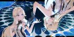  2girls bare_shoulders black_collar black_dress blonde_hair blue_eyes breasts cartethyia_(wuthering_waves) collar commentary crown_of_thorns dress dual_persona earrings fleurdelys_(wuthering_waves) floating_earrings hand_up highres horns jewelry letterboxed long_hair long_horns looking_at_viewer multiple_girls necklace onigiri_yumi09 parted_lips pointy_ears sidelocks single_horn small_breasts smile tabard tacet_mark_(wuthering_waves) white_tabard wuthering_waves yellow_horns 