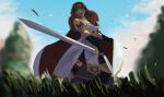  1girl armor armored_boots black_gloves black_skirt black_thighhighs boots breastplate cape celica_(fire_emblem) choker dress fingerless_gloves fire_emblem fire_emblem_echoes:_shadows_of_valentia gloves grass highres holding holding_sword holding_weapon long_hair princess red_eyes red_hair rod_langhi skirt sword thighhighs tiara tree weapon white_armor white_dress 