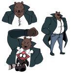 1:1 anthro bear big_butt big_tail black_bodysuit black_clothing black_skinsuit blush blush_lines blushing_profusely bodysuit bottomwear brown_bear brown_body brown_fur butt button_(fastener) clothed clothed_anthro clothed_female clothed_male clothing confusion denim denim_bottomwear denim_clothing detective diegutan duo eye_contact female female_anthro femme_fatale footwear fully_clothed fully_clothed_anthro fully_clothed_female fully_clothed_male fur green_clothing green_jacket green_topwear hand_in_pocket hi_res infatuation jacket jeans larger_male looking_at_another looking_up looking_up_at_another male male_anthro mammal marcos_the_bear markings musclegut muscular muscular_male pants pockets pouch_(clothing) procyonid raccoon raised_arm shirt shoes silly simple_background size_difference skinsuit slightly_chubby small_waist smaller_female smoke smoke_from_nose straining_buttons striped_body striped_fur striped_markings striped_tail stripes suit tail tail_markings thief tight_clothing topwear ursine uva_the_raccoon white_background white_clothing white_shirt white_topwear wide_hips