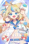 1girl :3 animal_ears blonde_hair blue_eyes blue_hair cat_ears character_name claw_pose fangs fish flat_chest highres indie_virtual_youtuber long_hair low_twintails multicolored_hair navel open_mouth sailor_collar sameko_saba short_shorts shorts solo streaked_hair toasterkiwi twintails two-tone_hair two_side_up white_shorts 
