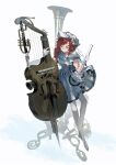  1girl absurdres around_the_stream barcarola_(reverse:1999) black_shoes blue_eyes blue_shirt blue_skirt bow_(music) crackling_box_(reverse:1999) dixie_cup_hat full_body gloves hands_up hat highres holding holding_bow_(music) instrument long_braid looking_at_object looking_down military_hat miniskirt pantyhose red_hair reverse:1999 shirt shoes skirt sleeveless sleeveless_shirt smile solo standing white_background white_gloves white_hat white_pantyhose 