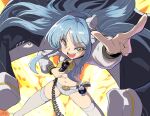  1girl audio_cable belt black_jacket blue_hair bow bowtie collared_shirt cropped_shirt explosion explosion_background from_above goddess_of_victory:_nikke gun hair_bow hair_intakes hairband handgun holding holding_microphone holster jacket jacket_on_shoulders legs_apart long_hair long_sleeves looking_at_viewer microphone open_mouth pointing pointing_up shirt short_shorts shorts sky_(nikke) solo standing syope thighhighs twitter_username two-sided_fabric two-sided_jacket weapon white_bow white_jacket white_shirt white_shorts white_thighhighs yellow_bow yellow_bowtie yellow_eyes 