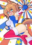  1girl animal_ears arm_warmers ass blue_eyes blue_gloves boots breasts brown_hair domino_mask eye_mask fingerless_gloves ganimede gloves hair_ornament horse_ears horse_girl horse_tail kamen_america kamen_america_(comic) large_breasts leotard long_hair looking_at_viewer mask multicolored_leotard ponytail red_boots running smile solo star_(symbol) star_hair_ornament striped_clothes striped_footwear sunburst sunburst_background superhero_costume taiki_shuttle_(umamusume) tail thigh_boots two-tone_leotard umamusume vertical-striped_footwear 