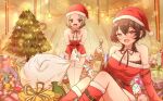  2girls :d arm_belt belt black_belt black_bra black_hair black_ribbon blush bonnouji_momoha boots bottle box bra bra_peek breasts brown_eyes brown_hair bug butterfly christmas christmas_ornaments christmas_tree christmas_wreath cleavage collar commentary dress drunk earrings fairy_lights fang feet_out_of_frame fur-trimmed_boots fur-trimmed_dress fur-trimmed_gloves fur-trimmed_headwear fur_trim furrowed_brow gift gift_box gloves hair_between_eyes hat heart highres holding holding_bottle holding_sack holly jewelry kimi_no_koto_ga_dai_dai_dai_dai_daisuki_na_100-nin_no_kanojo knees_up kusanochika large_breasts light_particles meido_mai multiple_earrings multiple_girls neck_ribbon open_mouth parted_bangs pentarou red_boots red_dress red_gloves ribbon sack santa_costume santa_dress santa_hat shoe_belt short_dress short_hair sitting smile standing star_(symbol) strapless strapless_dress stuffed_animal stuffed_monkey stuffed_rabbit stuffed_toy sweatdrop symbol-only_commentary teddy_bear tent thighhighs tinted_eyewear underwear v-shaped_eyebrows white_butterfly white_collar white_thighhighs wine_bottle wolf_cut wreath zettai_ryouiki 