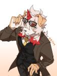 1boy arknights artist_name black_pants black_vest brown_coat closed_mouth coat colored_tips commentary fang fang_out from_above furry furry_male highres holding holding_removed_eyewear horns hung_(arknights) komainu_boy komainu_ears looking_at_viewer looking_up male_focus multicolored_hair nansing0623 necktie pants shirt single_horn unworn_eyewear vest white_shirt yellow_necktie 