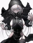  1girl absurdres black_dress black_thighhighs breasts chain chain_necklace character_request chuhaibane commission copyright_request cross cross_necklace dress fingernails garter_straps hair_over_one_eye highres jewelry looking_at_viewer necklace nun pelvic_curtain sharp_fingernails skeb_commission solo thighhighs veil white_background white_hair 