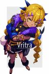  1girl aged_down blonde_hair breasts character_name chin_piercing crossed_arms dark-skinned_female dark_skin dragon_girl dragon_horns dragon_tail echo_(circa) face_piercing facial_mark fate/grand_order fate_(series) full_body horns long_hair looking_at_viewer piercing small_breasts solo tail vritra_(fate) yellow_eyes 