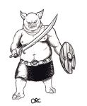 4chan_anon alpha_channel angry anthro barefoot belly belt black_line_art body_hair bottomwear cel_shading chainmail clothed clothing digital_media_(artwork) domestic_pig ear_piercing ear_ring empty_eyes feet fingers front_view frown full-length_portrait greyscale happy_trail holding_melee_weapon holding_object holding_shield holding_sword holding_weapon hooved_toes hooves looking_at_viewer male mammal melee_weapon monochrome moobs musclegut muscular muscular_anthro muscular_male navel nipples open_frown open_mouth orc outline overweight overweight_anthro overweight_male piercing portrait ring_piercing shaded shield simple_background sketch skirt snout solo species_name standing suid suine sus_(pig) sword text topless transparent_background tucks weapon white_outline